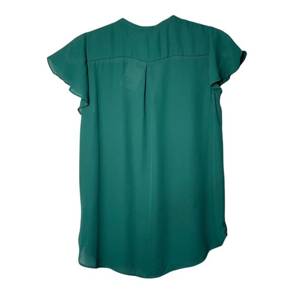 H&M Teal Green Flutter Sleeve Blouse NWT Size 6 EUR 38 V-Neck Tuxedo Pleat - Picture 2 of 10
